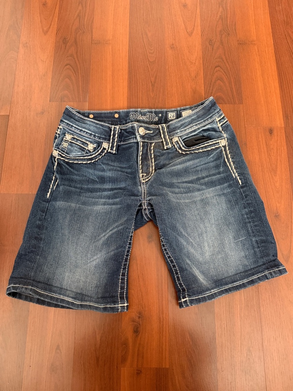Vintage Miss Me Dark Blue Distressed Denim Bermuda Shorts